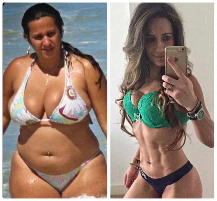 Девушка до и после похудения в купальнике