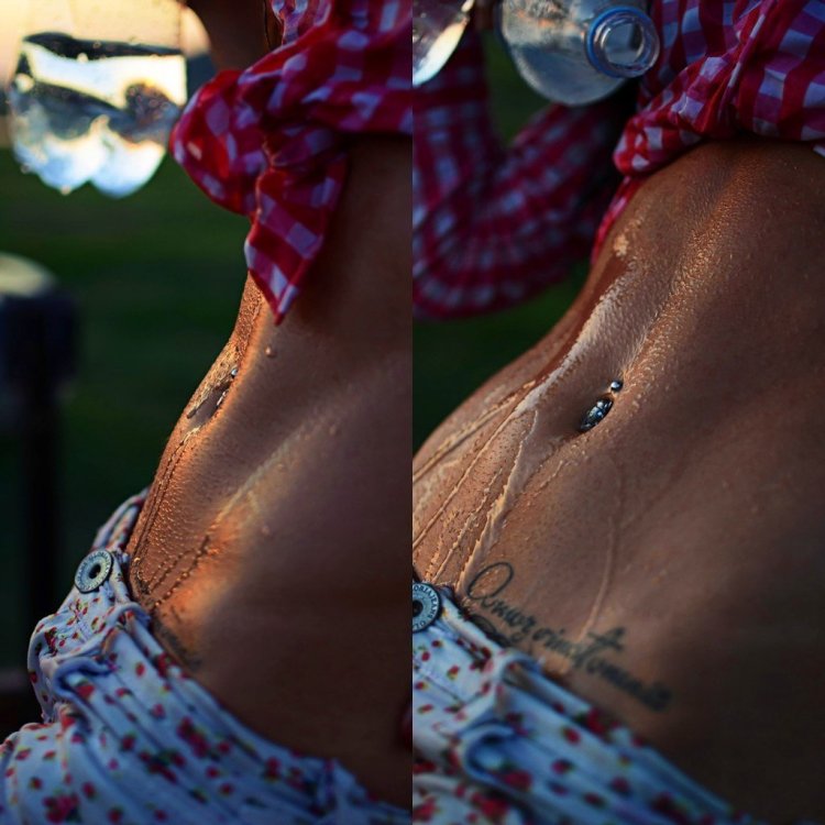 Женский пресс с пирсингом