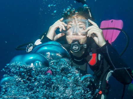 Девушка дайвер под водой
