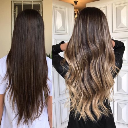 Шатуш балаяж на темные длинные волосы