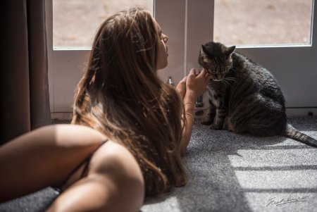 Кошка на попе девушки