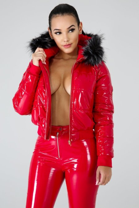 Girl in Red shiny Leather down Jacket