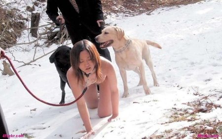 Девушка рабыня на поводке на улице