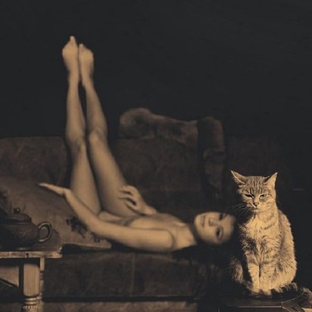 Девушка с котом эротично