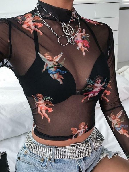 Полупрозрачная водолазка с принтом