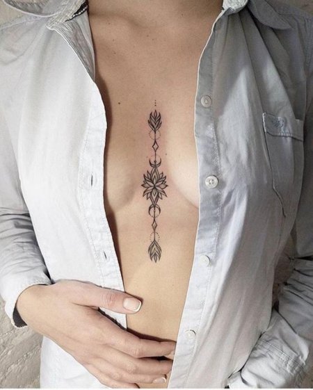 Тату между грудиной у девушек