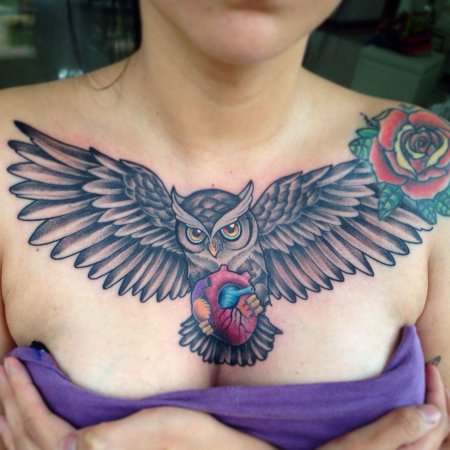 Тату сова на груди