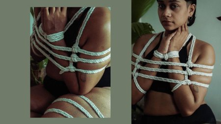 Связанная девушка веревкой