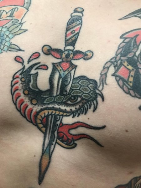 Тату змея с кинжалом