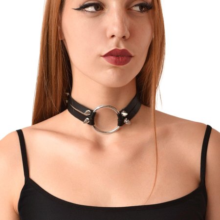 Чокер кожаный на шею женский черный с кольцом