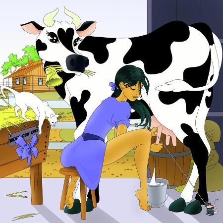 Женщина доит корову