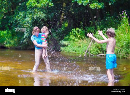 Купание на речке семьей